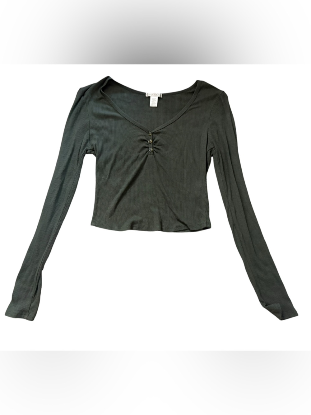 Bozzolo Olive Green Ribbed Long Sleeve Top | Button Front | Size M